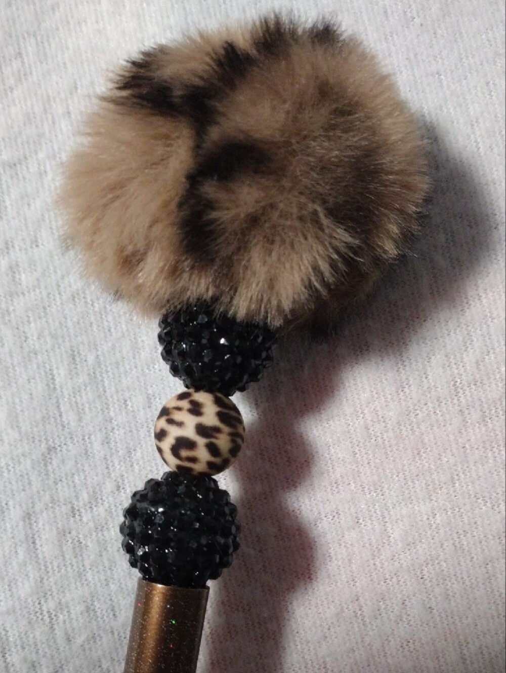 Brown Faux Fur Pom Pom Bead Pen - Elegant Home Office Accessory - Picture 3 of 3
